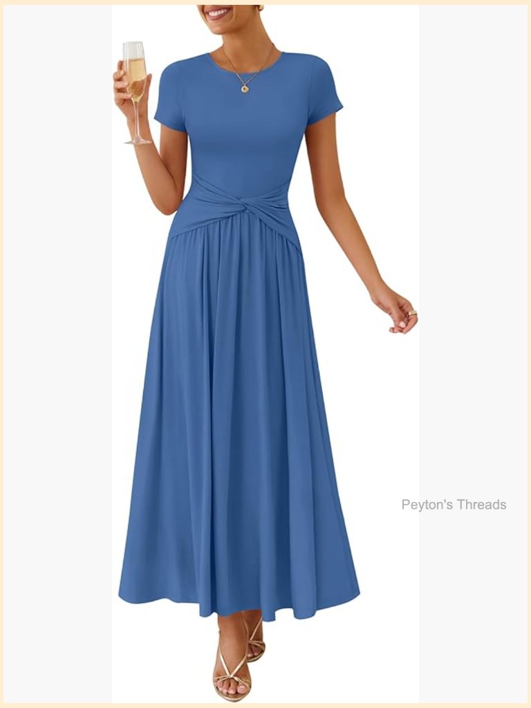 Short Sleeve Maxi Dress Twist Front Crew Neck Flowey A Line Cocktail Dress